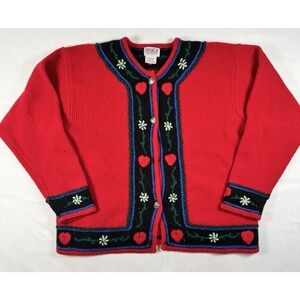 Vintage PBJ Sport Cardigan Sweater XL Red 100% Wool Chunky Knit Hearts Flowers